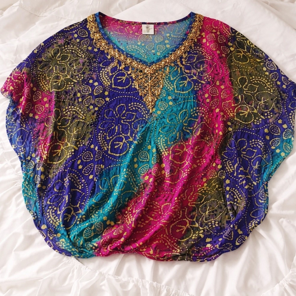 Chico’s Beaded Boho Blouse | Jewel-Tone Patchwork & Flowy Goddess Fit - Picture 5 of 6